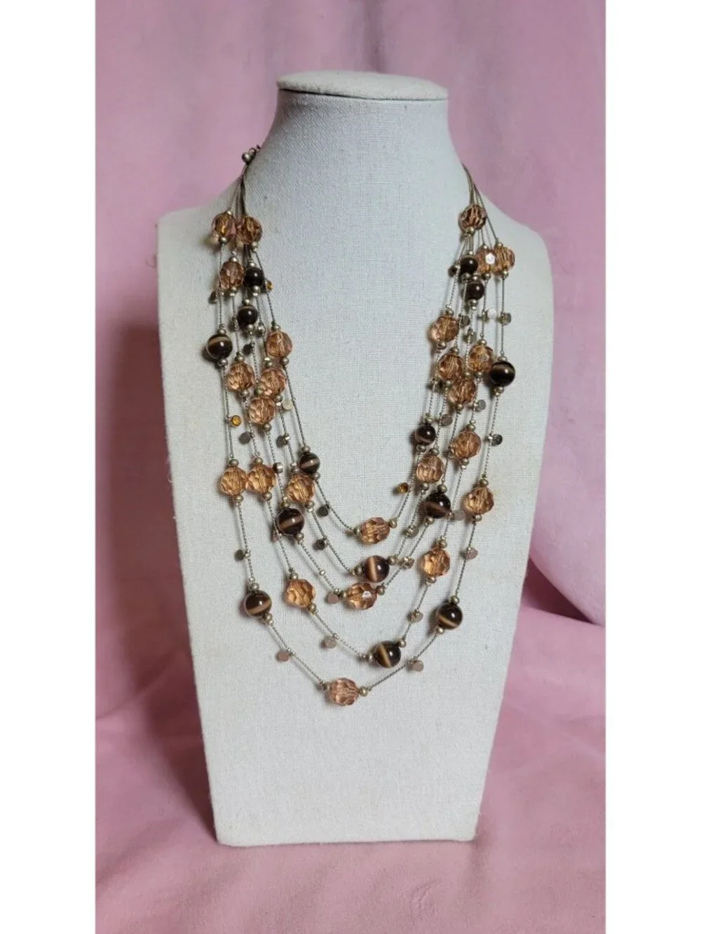 Two-toned Brown Cats Eye Layered Faceted Orange Rhinestone Costume Necklace N1A